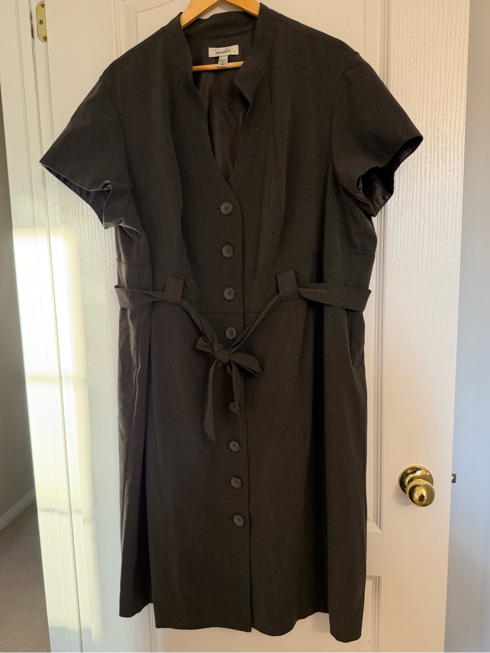 dressbarn Black Short-Sleeve Button Midi Dress with Tie Waist